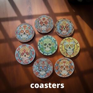 Hand Crafted New Sugar Skull 8 Piece Coaster Set